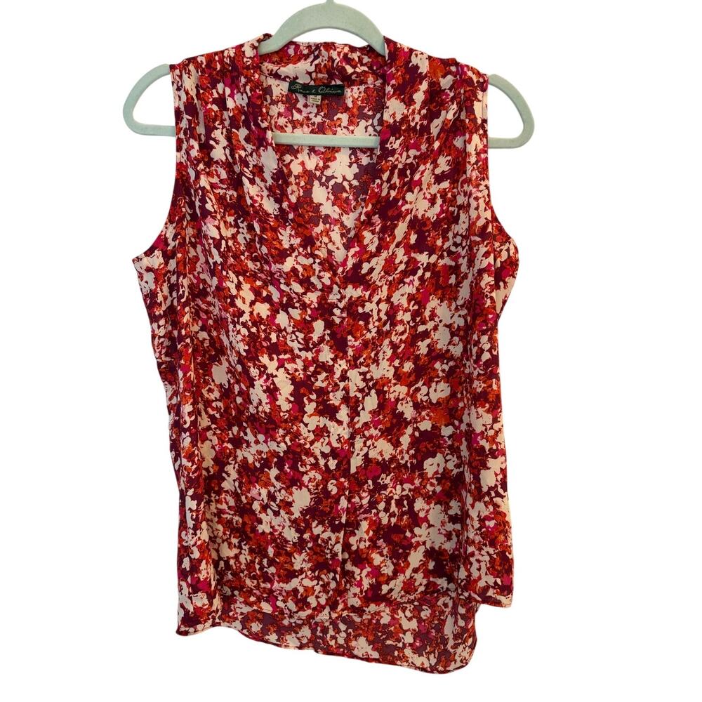 Rose & Olive Red Pink Floral Abstract V-Neck Sleeveless Blouse Top Medium
